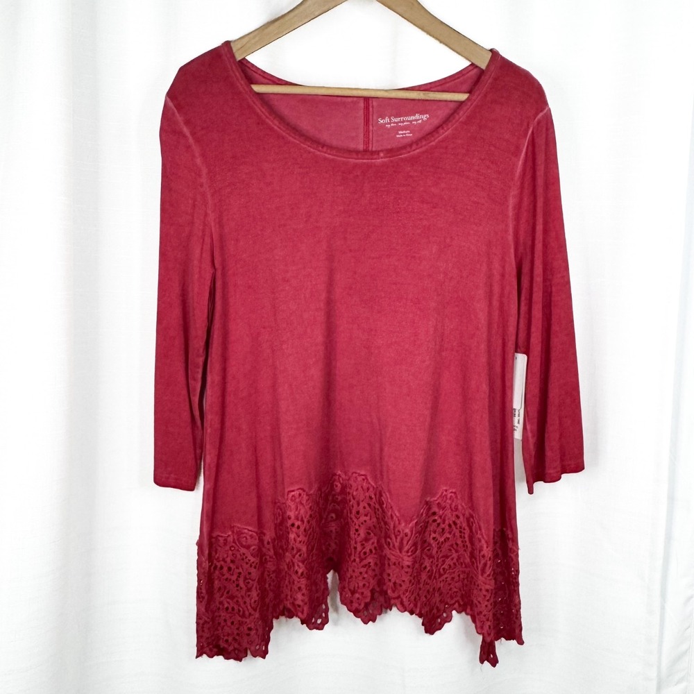 Soft Surroundings Delavine Tunic M Cerise Red Lace Hem 3/4 Sleeve Boho NWT